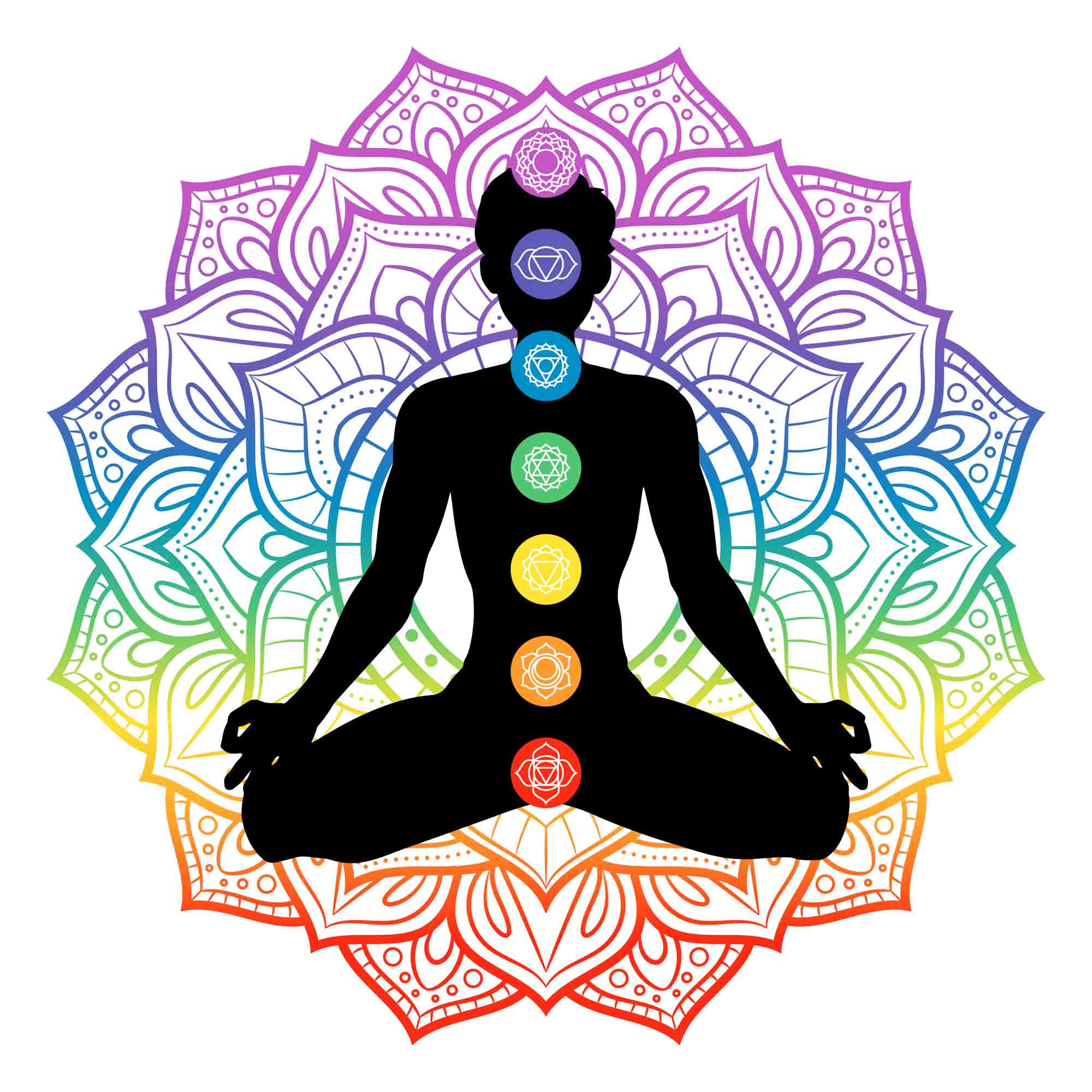 Seven chakras on meditating yogi man silhouette, vector illustration